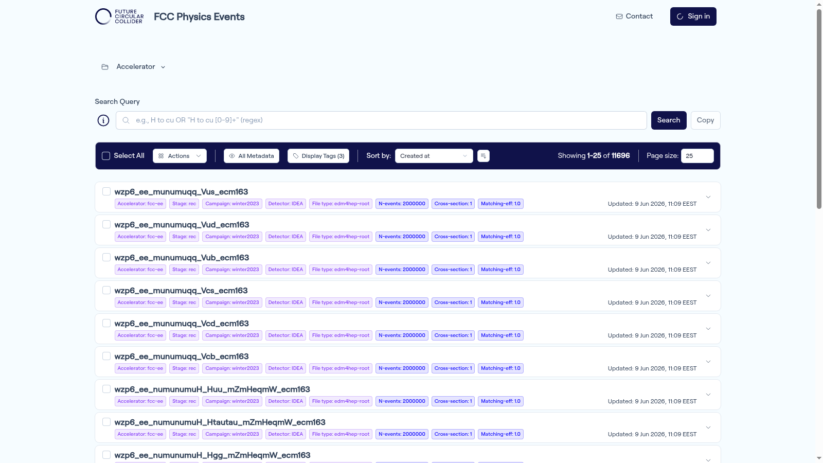FCC Physics Events portal screenshot